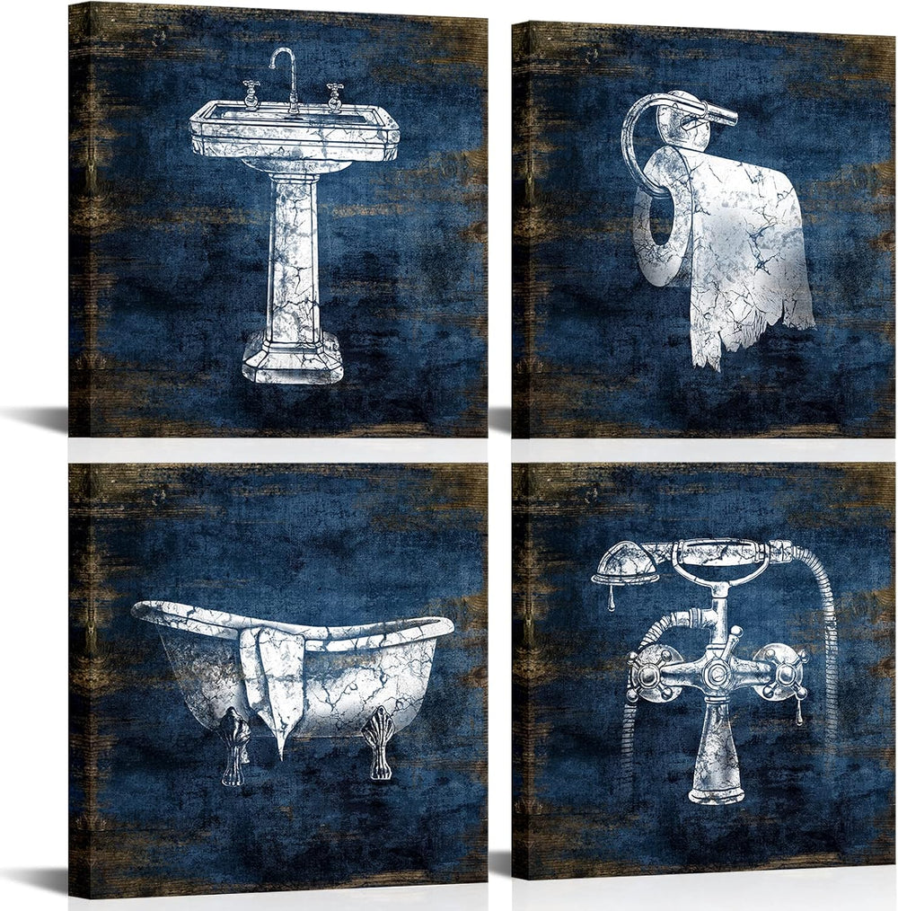 KLVOS Blue Bathroom Decor Wall Art Framed Canvas Print Pictures 4 Pieces Abst...