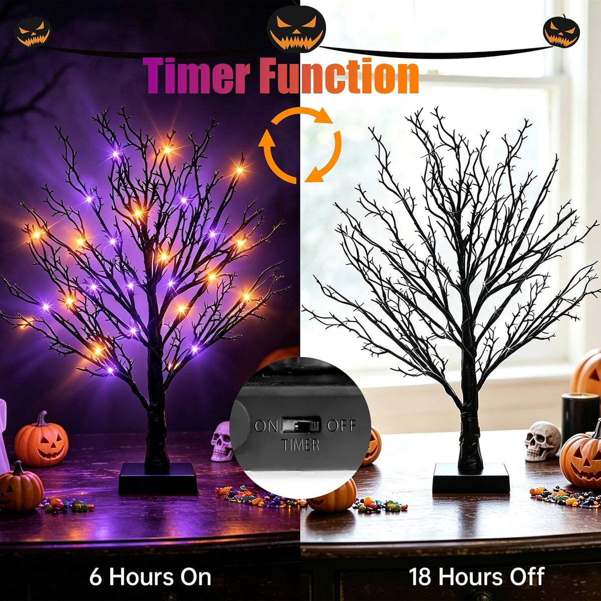 Halloween Decor Indoor, 2 Pack 24 Inch Black Halloween Tree Set, 48 Orange & Purple LED Lights, USB & Battery Powered Tabletop Spooky Twig Trees with 6H Timer, Creepy Halloween Decorations for Mantels
