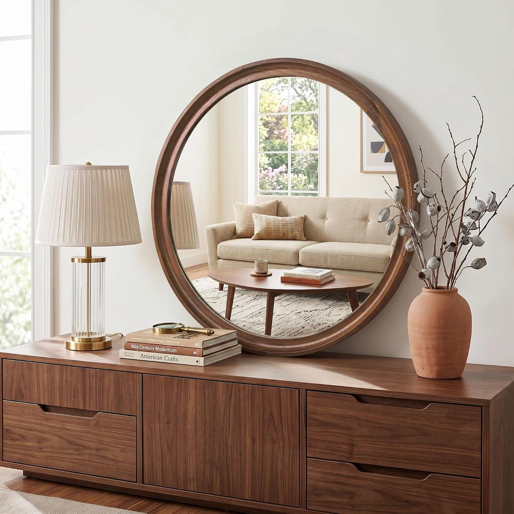 FICTOR Round Wood Mirror, 26" Circle Mirrors for Wall Decor, Walnut Brown