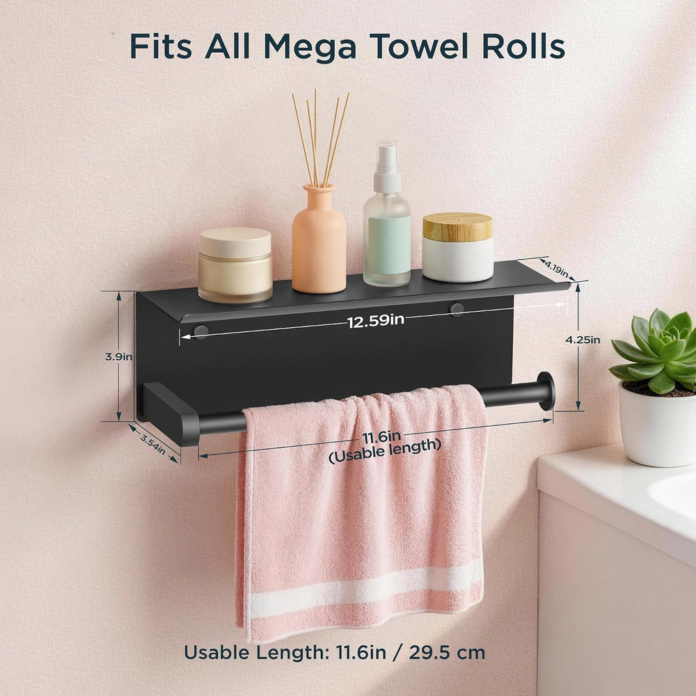 FORIOUS Wall Mount Paper Towel Holder with Shelf for Kitchen, Matte Black