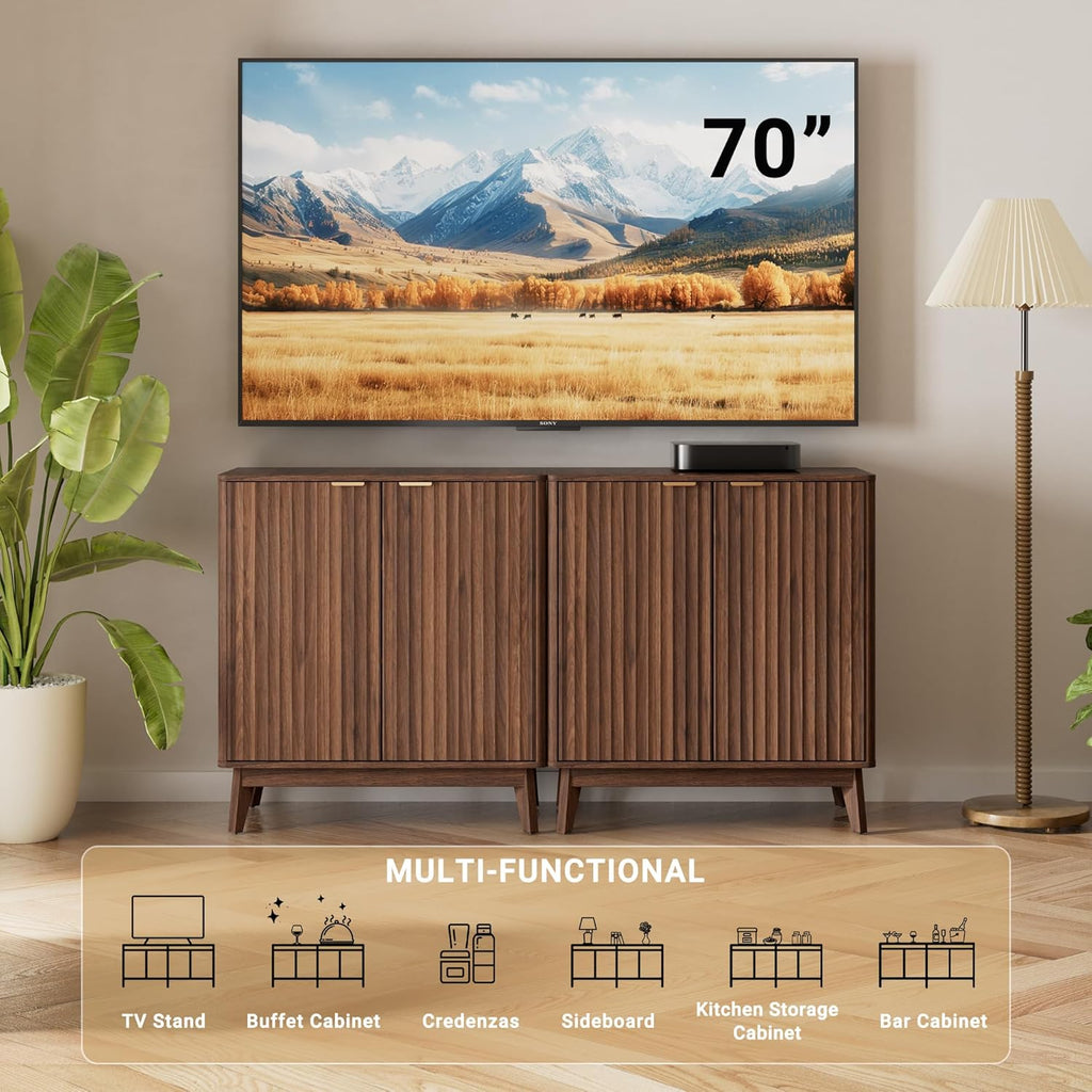 Buffet Cabinet, Small Coffee Bar Cabinet with Storage, Modern Walnut Fluted Sideboard Cabinet with Adjustable Shelf & Doors, Accent Credenza for Kitchen, Living Room, Entryway, Hallway
