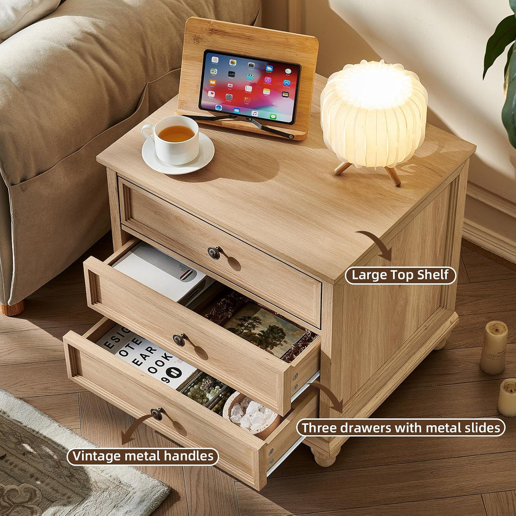 Joaxswe 24" Wide Farmhouse Night Stand,Large End Table with 3 Drawers & Metal Handle,Natural Dresser for Bedroom, Bed Side Table Chest of Drawers Cabinet,Wood Nightstand for Living Room,Closet