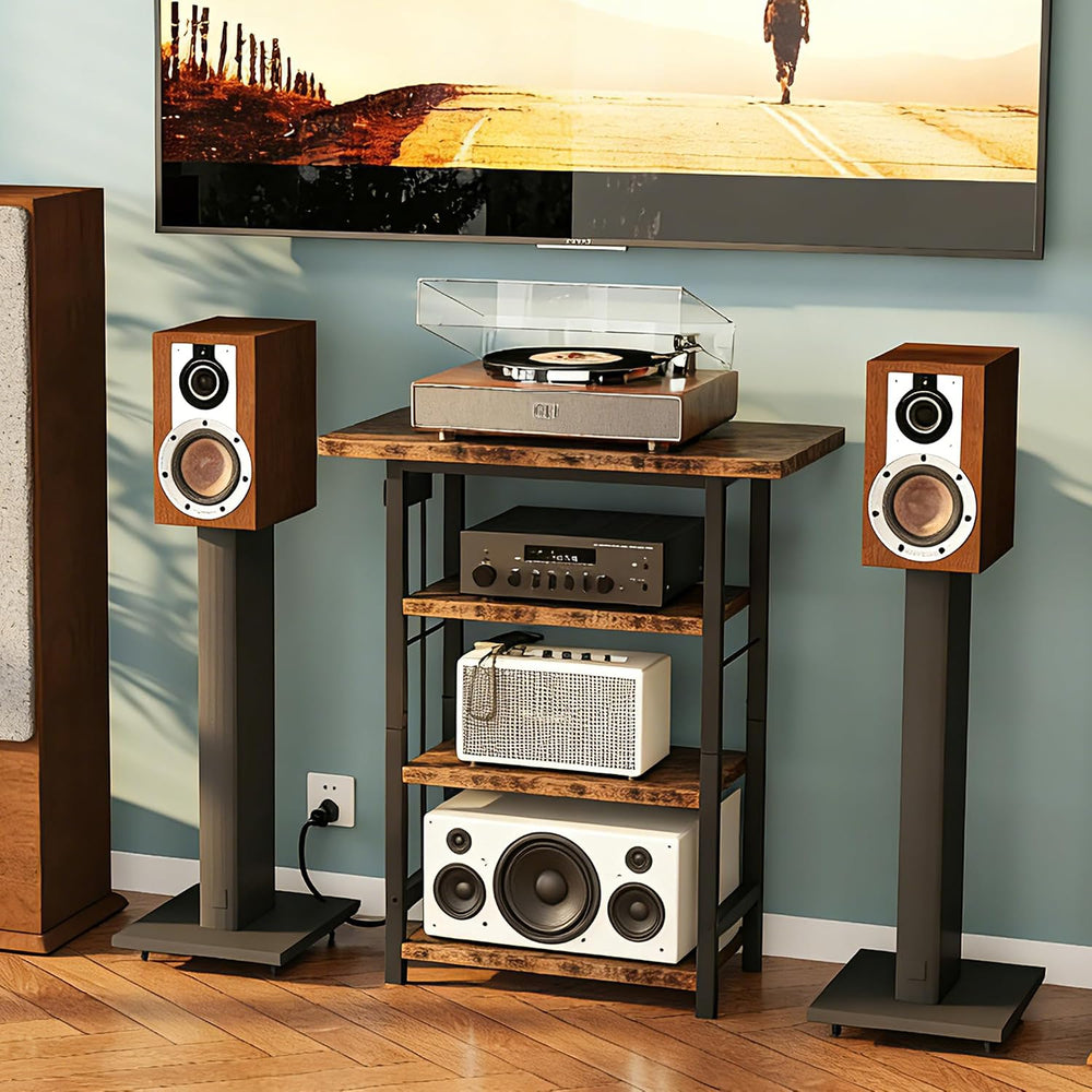 Homeiju 4-Tier AV Media Stand with Power Outlet, Wooden Record Player Stand, ...