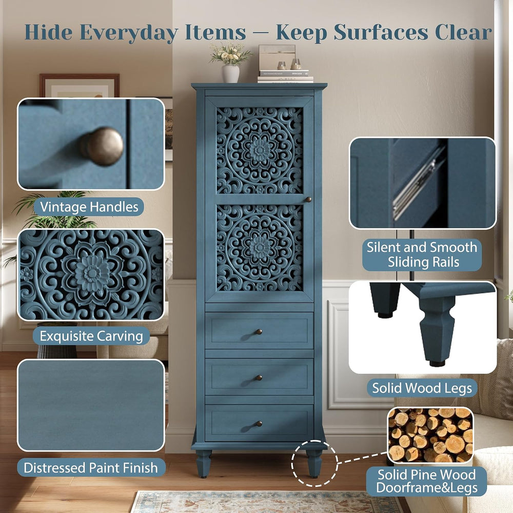 Accent Cabint with Doors, 63" Tall Vintage Storage Cabinet Blue