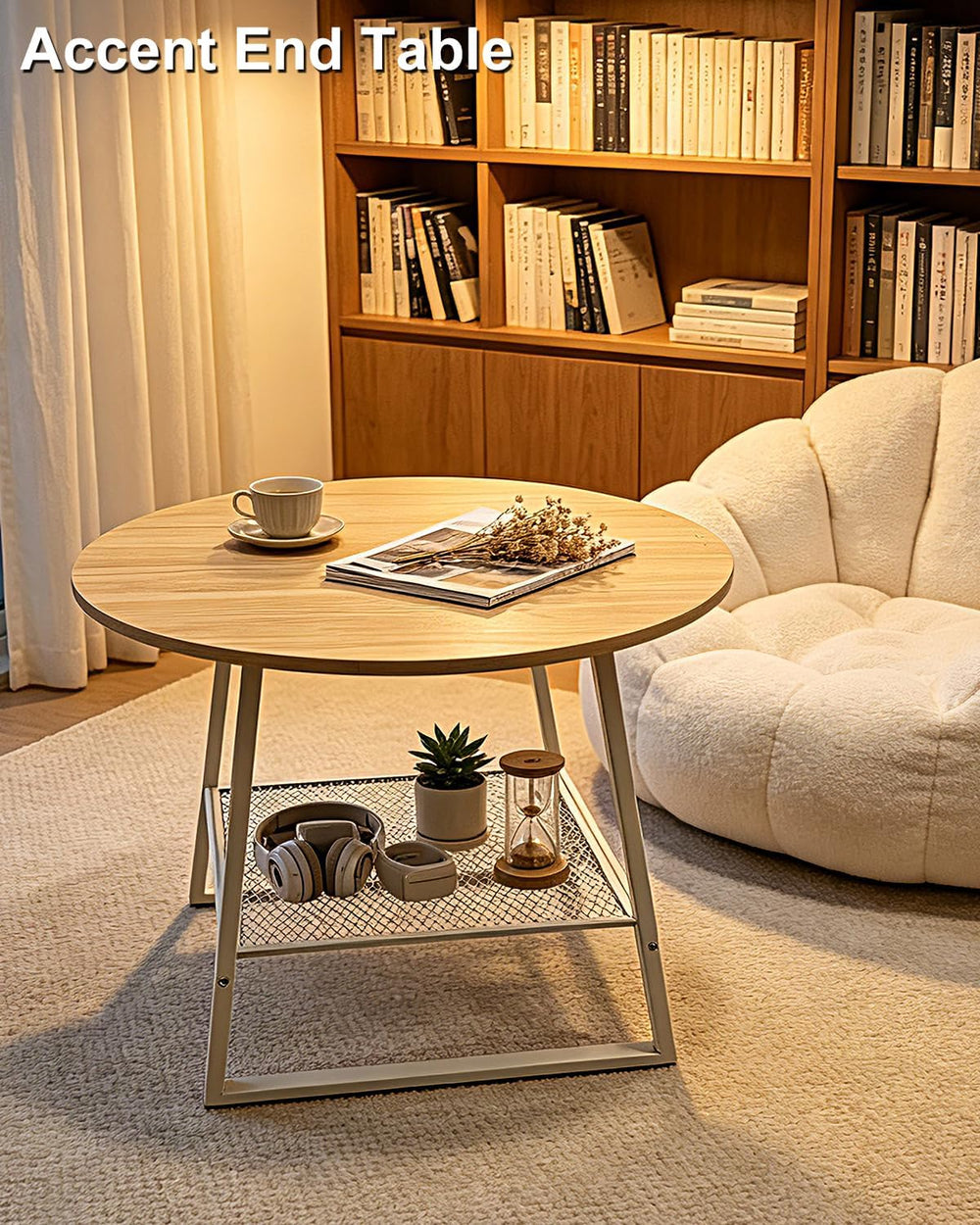 Lightdot 2‑Tier Round Side Table, Walnut End Table with Metal Mesh Shelf