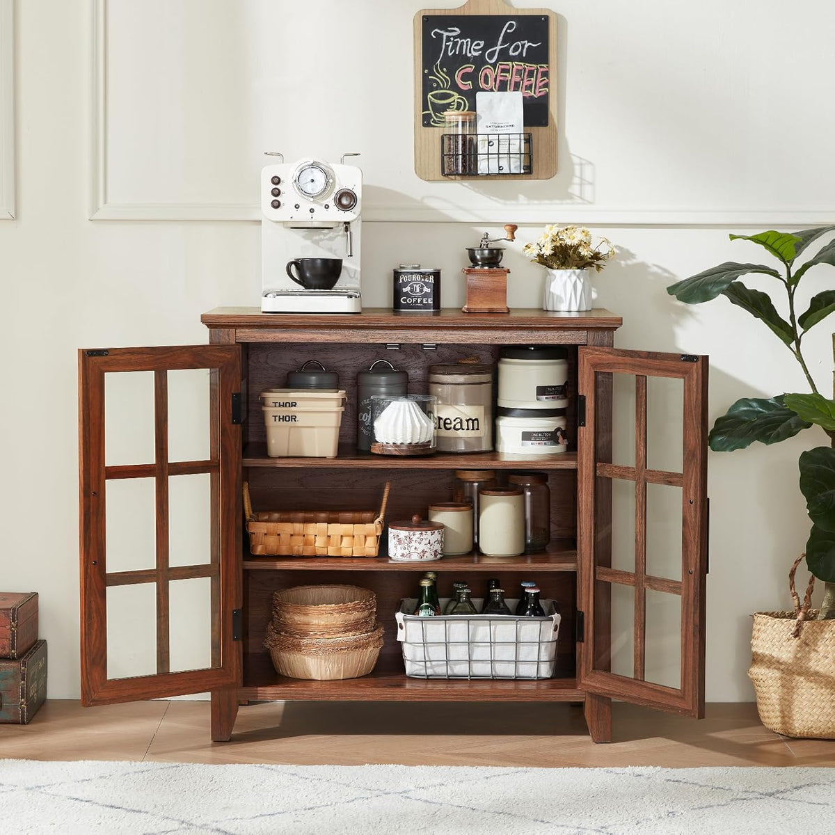 Joaxswe Large Sideboard Buffet Cabinet with Storage, 32" Farmhouse Brown Kitchen Coffee Wine Bar Cabinet with 2 Glass Doors, Wood Mid Century Modern Side Board Table for Dining Room, Living Room