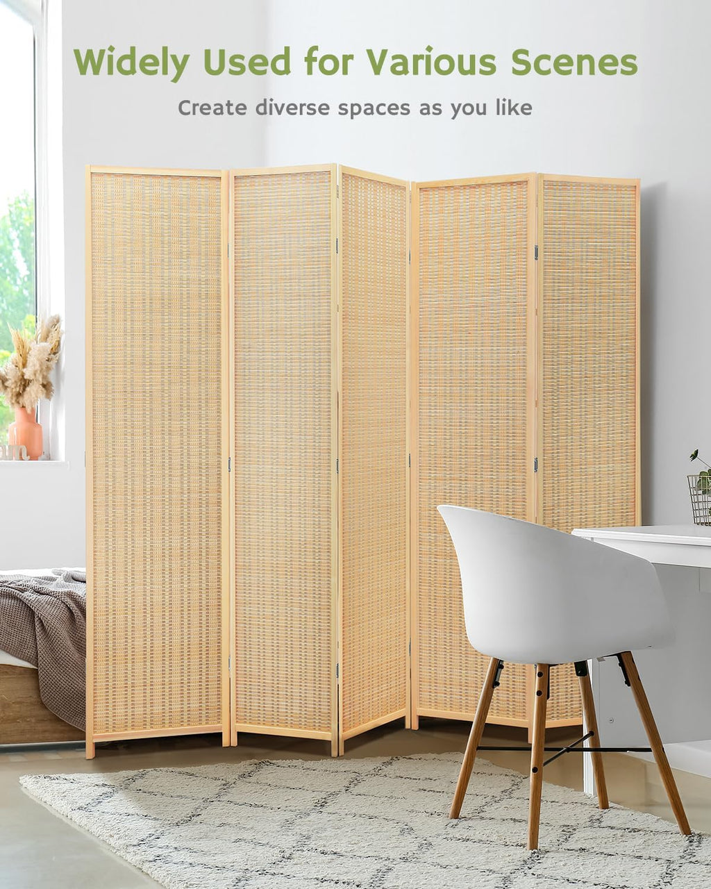 JOSTYLE Bamboo Room Divider, 5-Panel Folding Privacy Screen, 6 ft. Tall