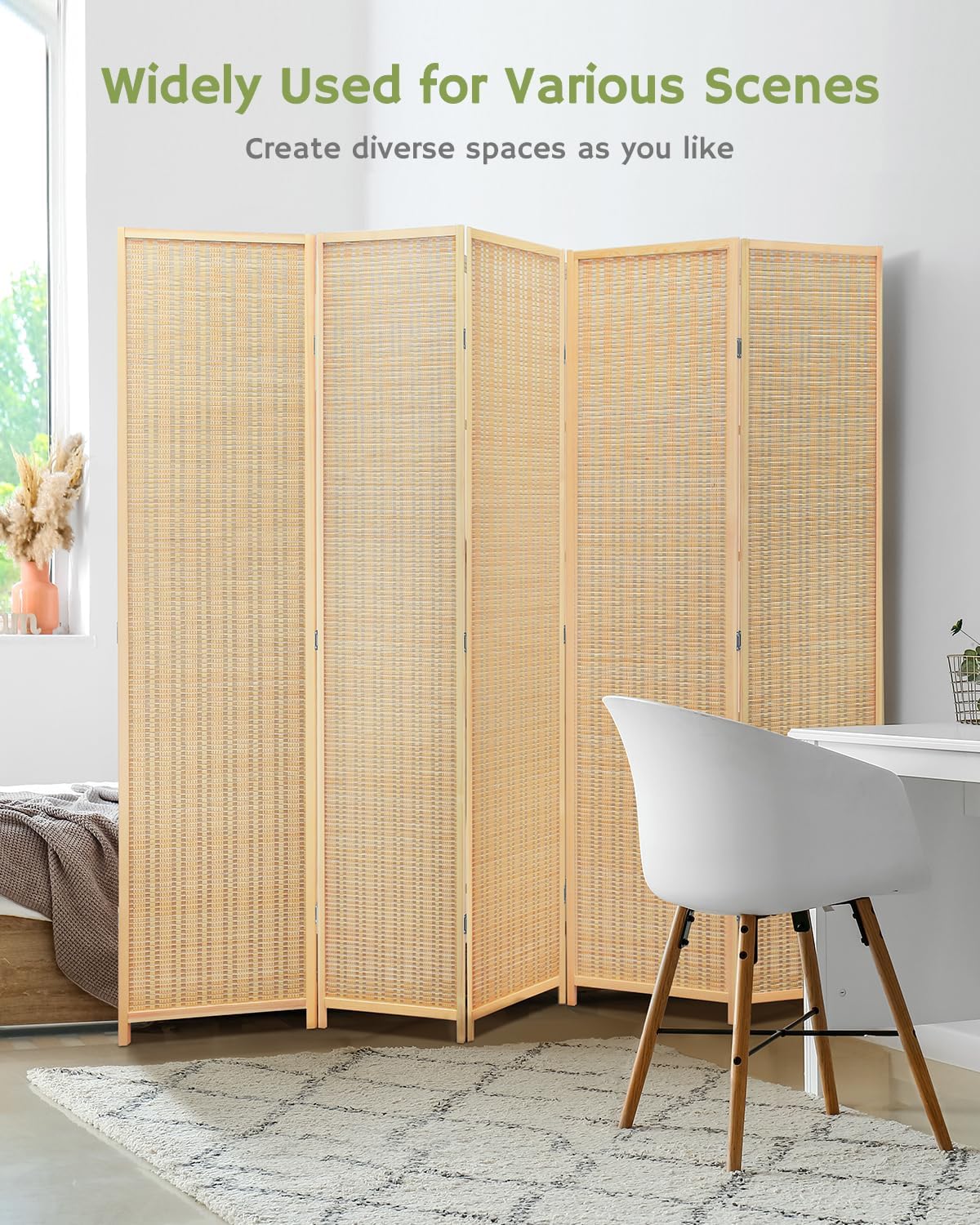 JOSTYLE Bamboo Room Divider, 5-Panel Folding Privacy Screen, 6 ft. Tall