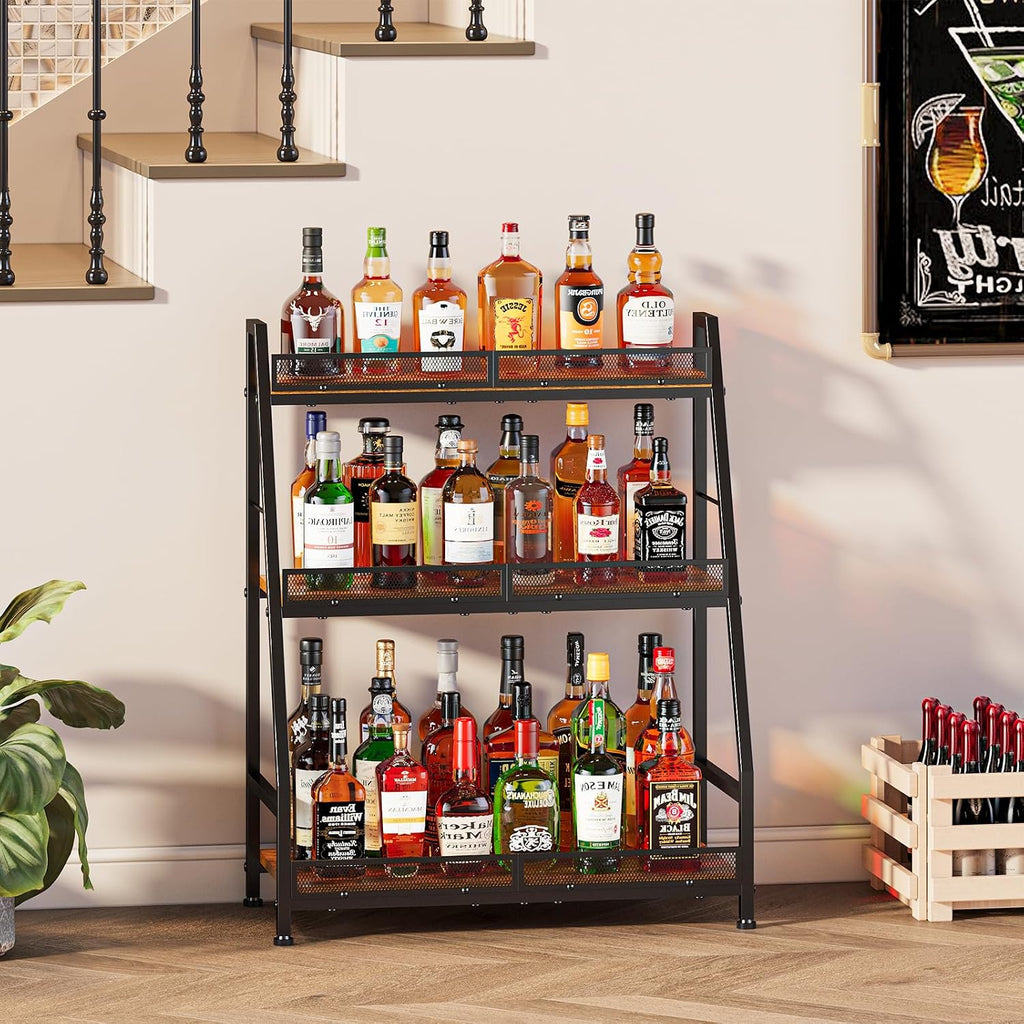 Hayexiha 3-Tier Expanded Liquor Stand, Freestanding Trapezoid Wine Rack | 40+Bottle Capacity: 24.8-inch-wide wood-and-steel stand has stepped shelves, safety fencing and adjustable feet.