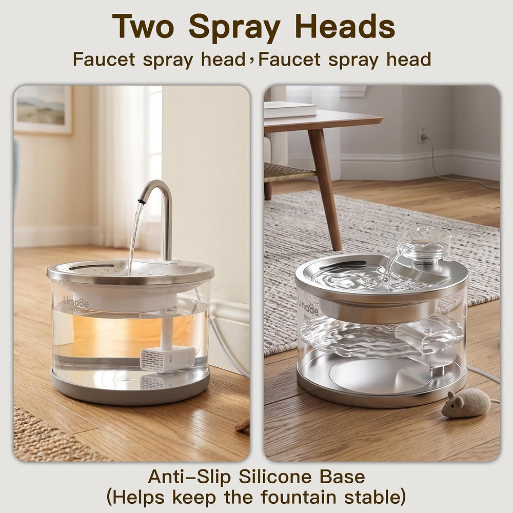 Glass Cat Water Fountain, 2 L, Stainless Steel Drinking Tray