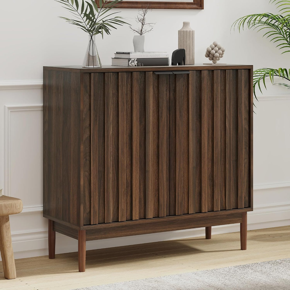 Otterease Fluted Buffet Cabinet with Storage, Small Accent Cabinets, Walnut