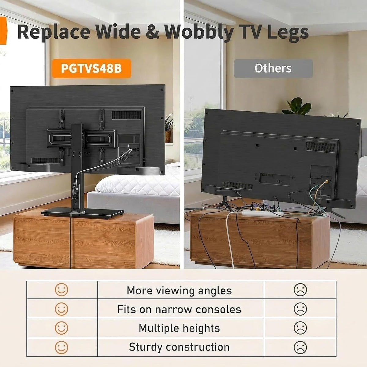 Perlegear Universal TV Stand with Power Outlet, Swivel TV Stand for 32-72 inch TVs up to 99 lbs, TV Base with Tempered Glass Base, Height Adjustable TV Mount Stand Max VESA 600x400mm PGTVS48