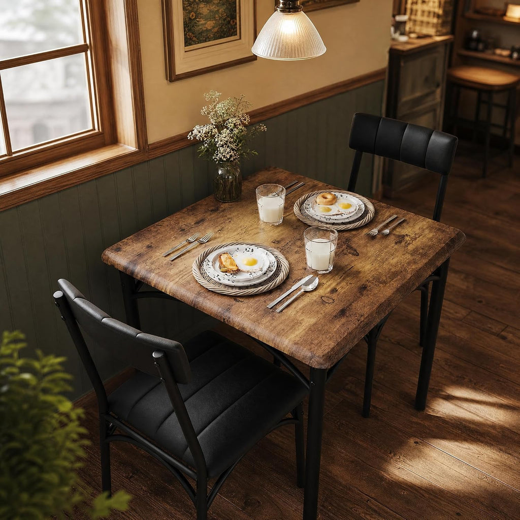 GarveeHome Dining Table Set for 2, Kitchen Table with 2 Upholstered Chairs, Wood Square Dining Table and Chairs Set for Small Space, Apartment, Dinner, Rustic Brown