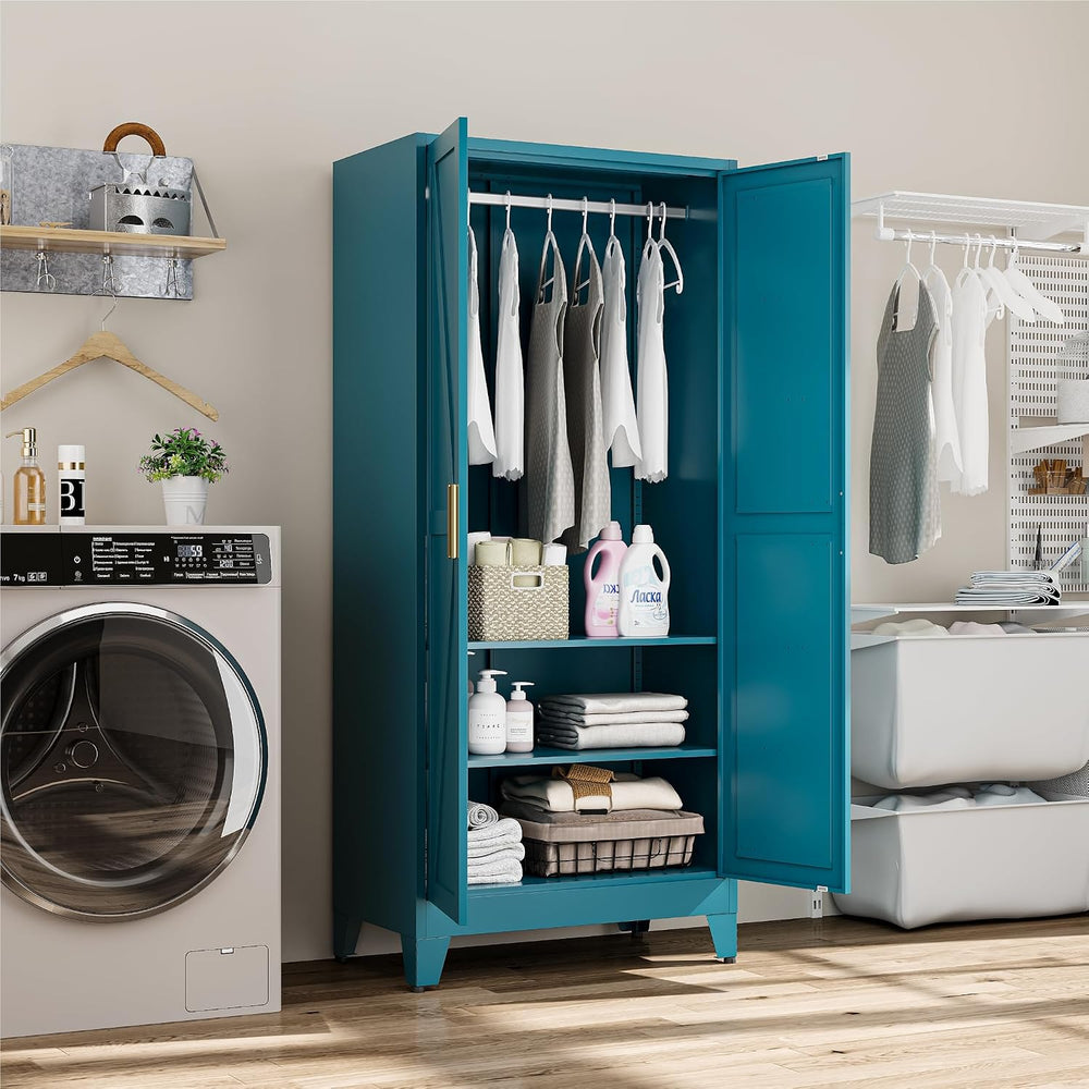 Metal Wardrobe Closet with Doors and Shelves, 71" Farmhouse Bedroom Armo...