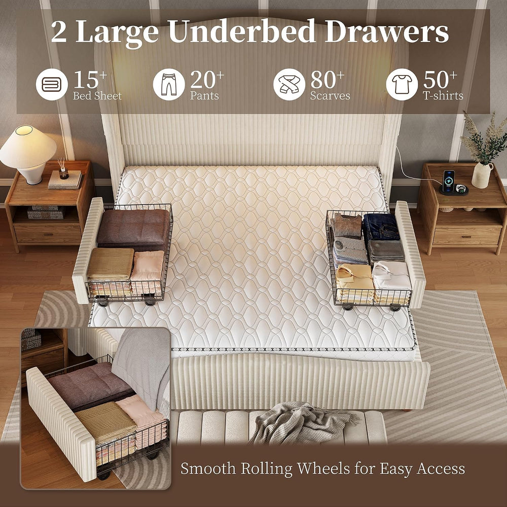 King Size 65" Tall Upholstered Bed with Drawers, USB & LED, Beige