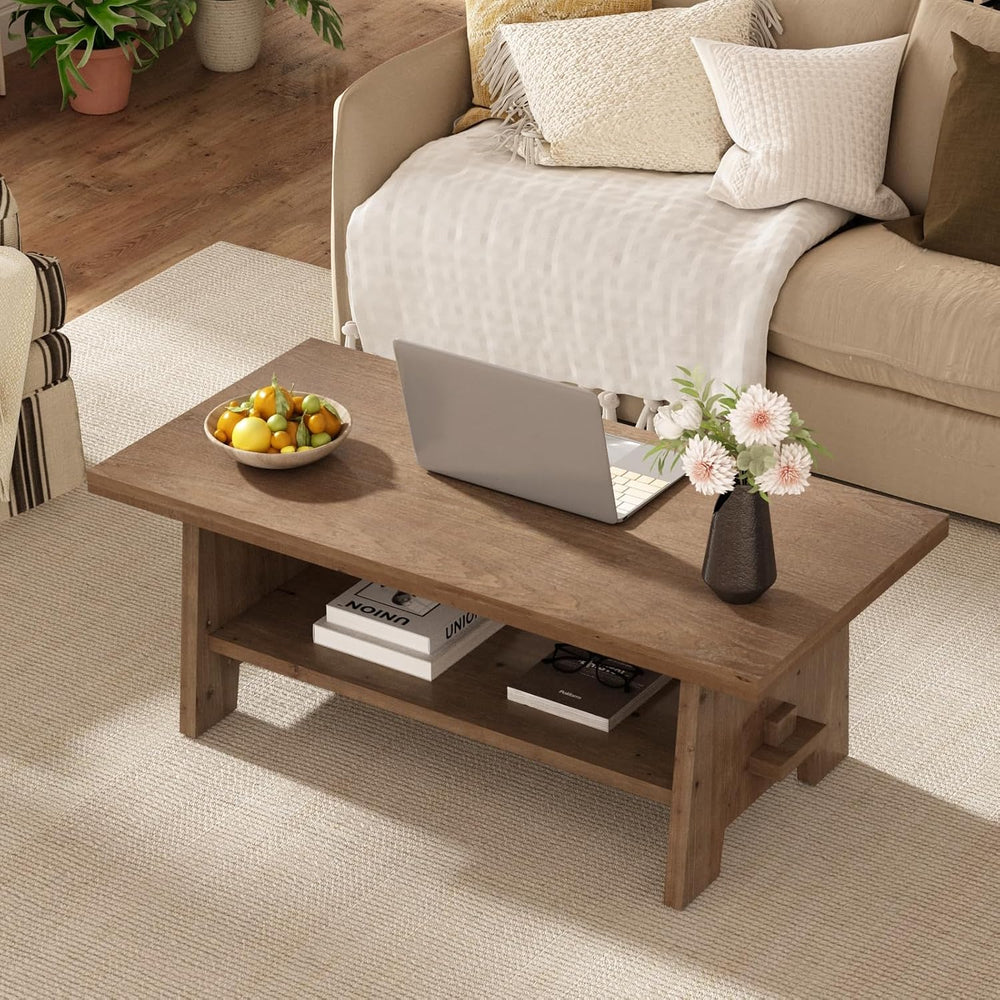 Farmhouse Wood Coffee Table, 43.4" Center Table, Solid Wood Tabletop