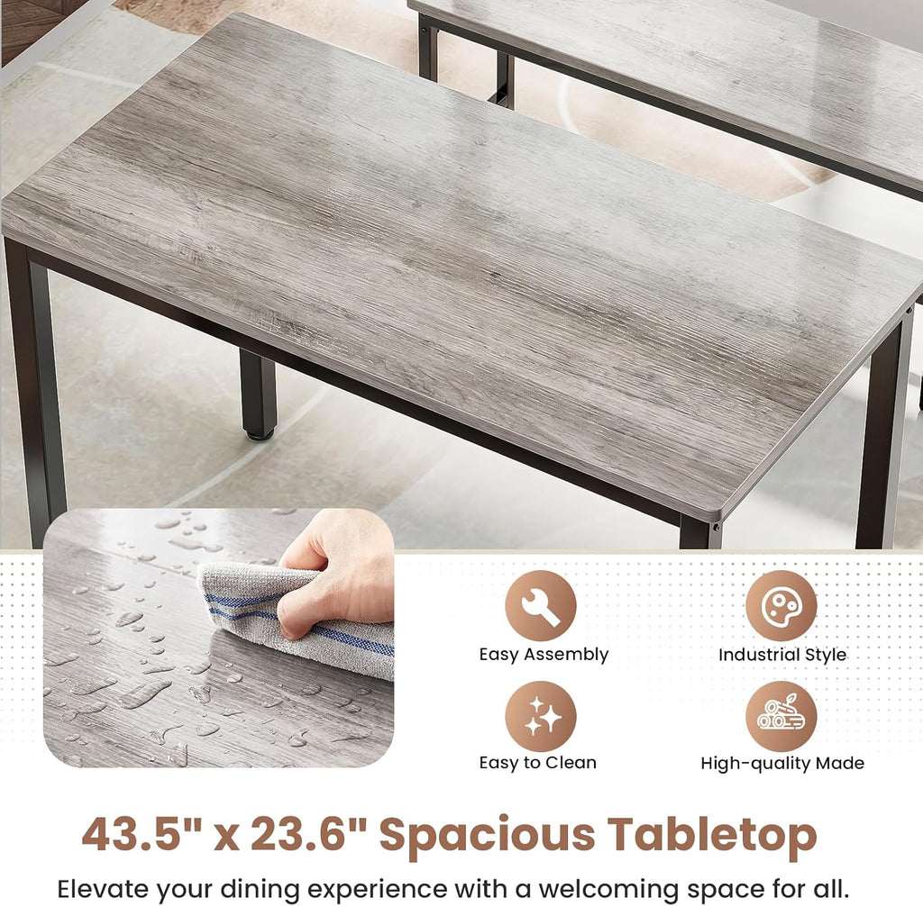 Dining Table Set for 4, Kitchen Table with 2 Benchs, Grey | Modern Functional 3 Piece Space-Saving Dining Room Table Set for Apartment, Breakfast Nook, Small Space