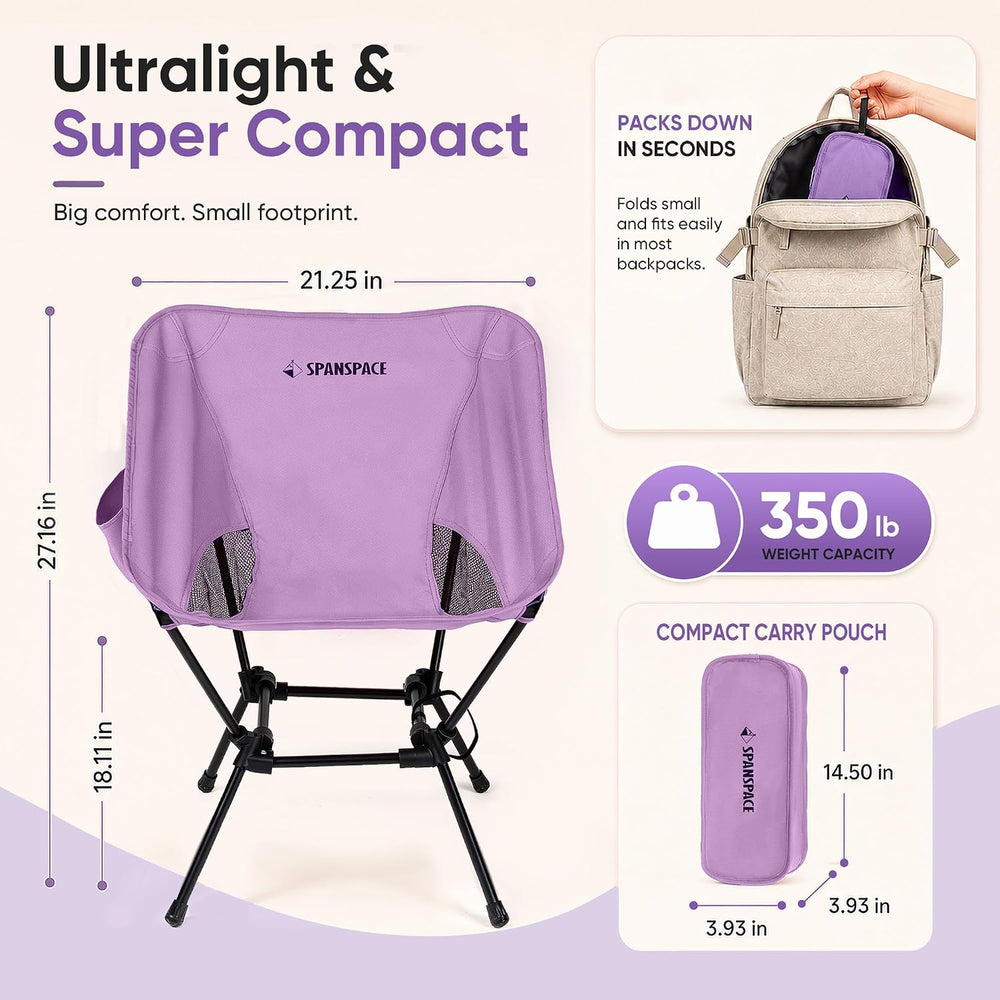 Purple Ultralight Camping Chair for Adults, 350 lb Capacity