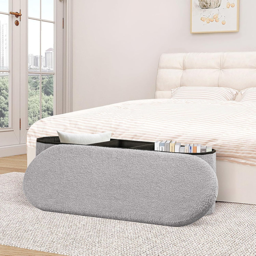 B FSOBEIIALEO 43.3" Sherpa Ottoman with Storage for Living Room, Grey