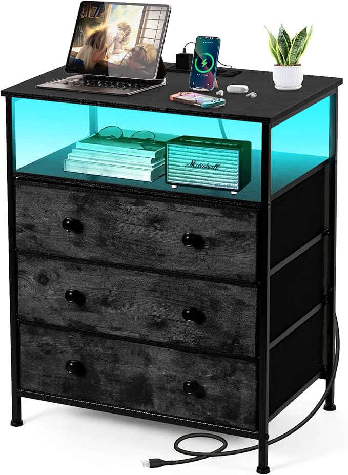 3 Drawers Dresser with Charging Station, 24 Inch Wide LED Night Stand with Adjustable Fabric Drawer, Nightstand with Storage Shelf for Living Room/Bedroom/Office, Black.