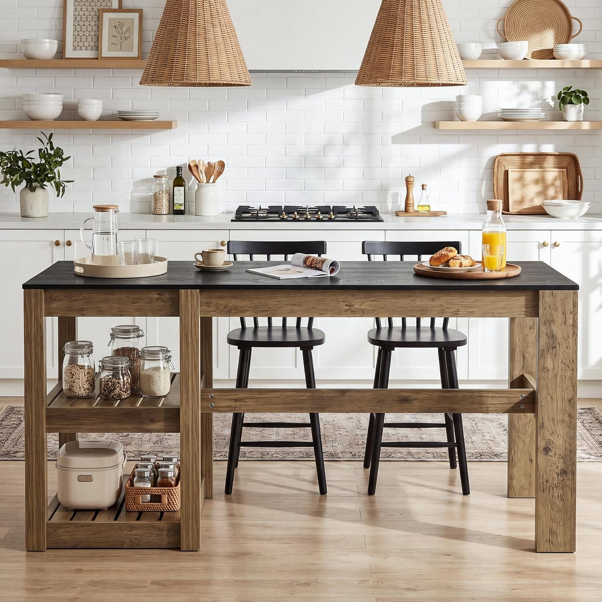 Tribesigns 55" Kitchen Island with Storage Shelves, Rustic Brown and Black | Farmhouse Wood Stationary Island Table for Dining/Living Room, Kitchen, 2-Tier, Spacious Countertop, Easy to Assemble