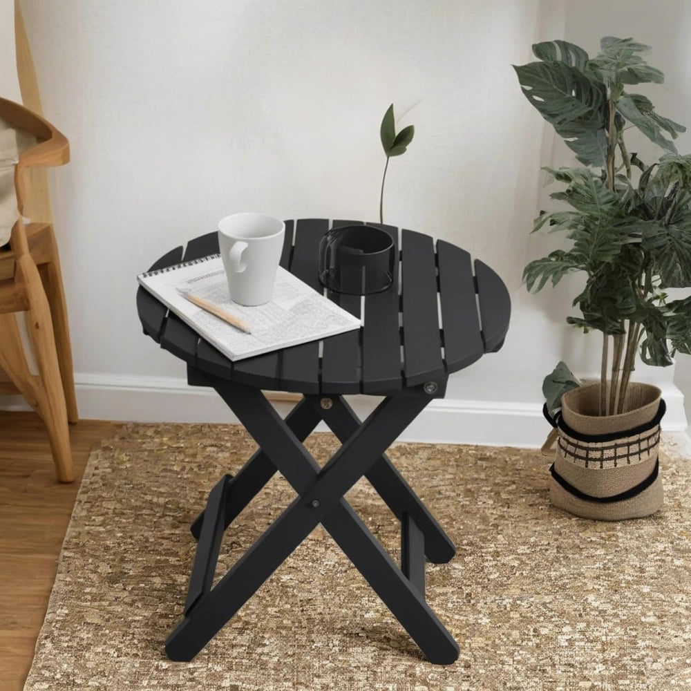 Outdoor Small Table, Round Folding Wooden Patio Side Table Furniture End Tabl...