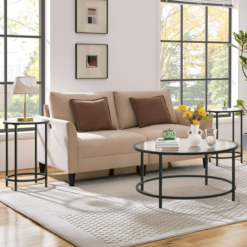 Yaheetech 16'' Round Glass End Tables Set of 2, Black Metal Open-Fram...