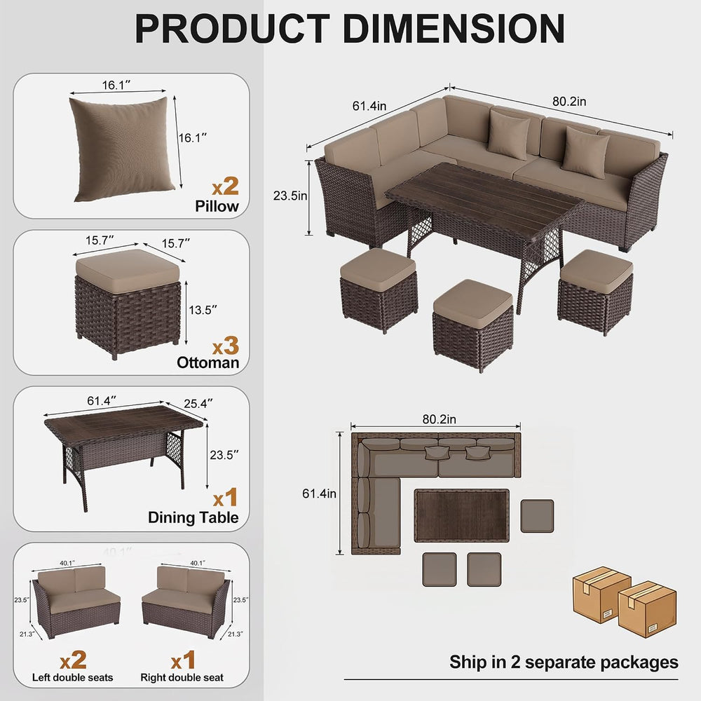 7 Pieces Patio Furniture Set, Patio Sectional with Dining Table & Ottoman