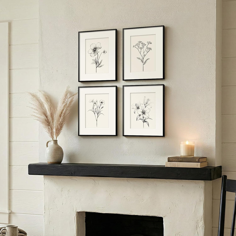 Framed Black and White Botanical Wall Art for Bathroom, 4 Piece 8x10 In