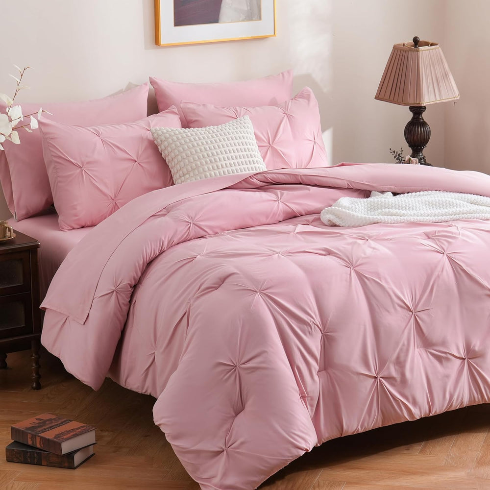 DOWNCOOL King Size Comforter Set, 7 Pieces Pink Pintuck Bed in a Bag