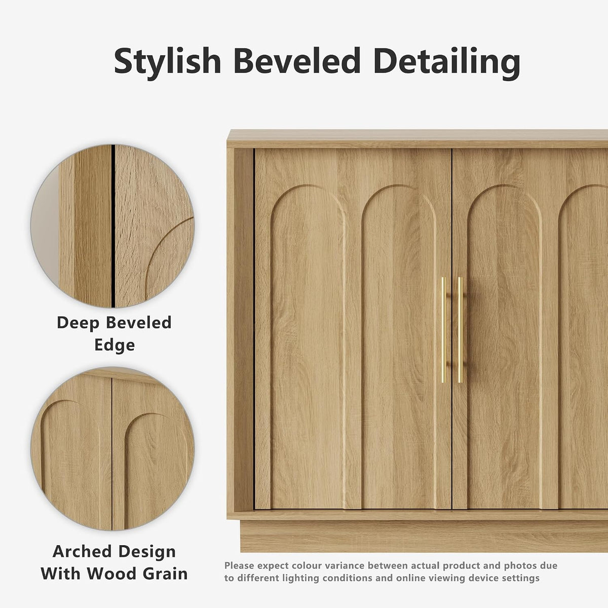 FORTUNETEC 67" Sideboard Buffet Cabinet with Storage, Arched Doors, Oak