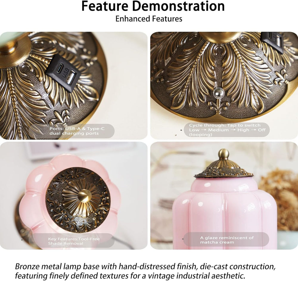 Vintage Pink Milk Glass Touch Bedside Lamp, 3-Way Dimmer, USB-C+A