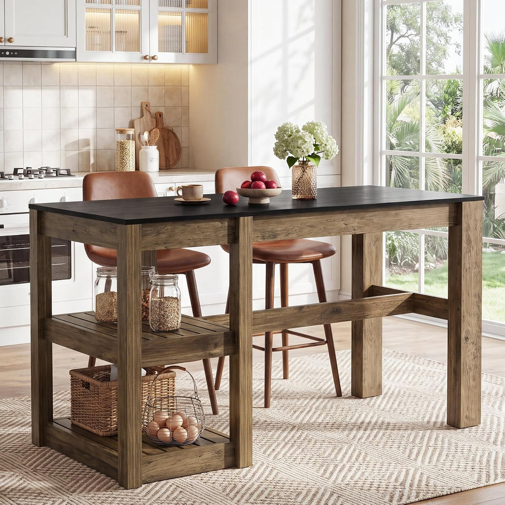 Tribesigns 55" Kitchen Island with Storage Shelves, Rustic Brown and Black | Farmhouse Wood Stationary Island Table for Dining/Living Room, Kitchen, 2-Tier, Spacious Countertop, Easy to Assemble