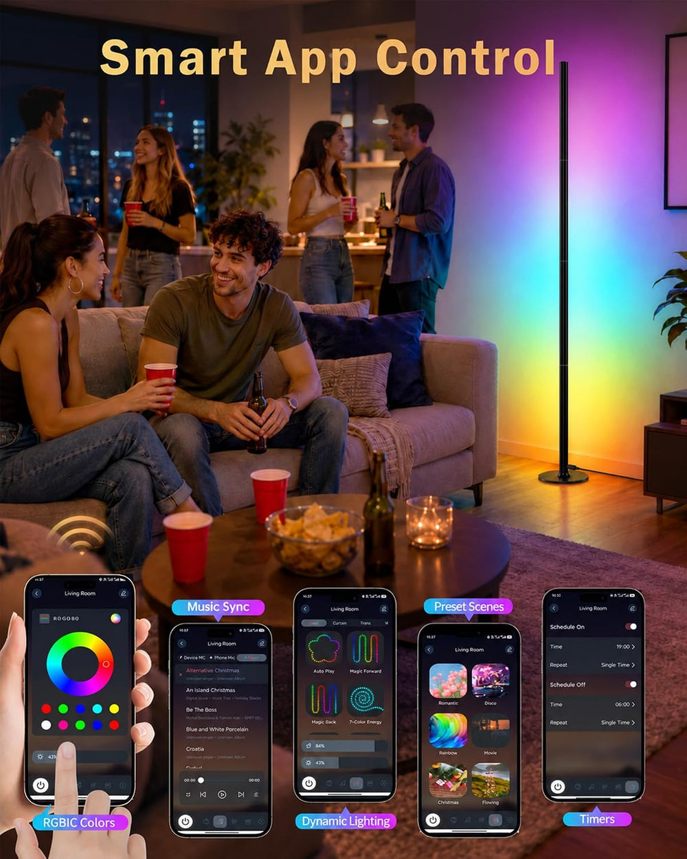 63" H RGB Floor Lamp, Smart Led Corner Lamp with Music Sync