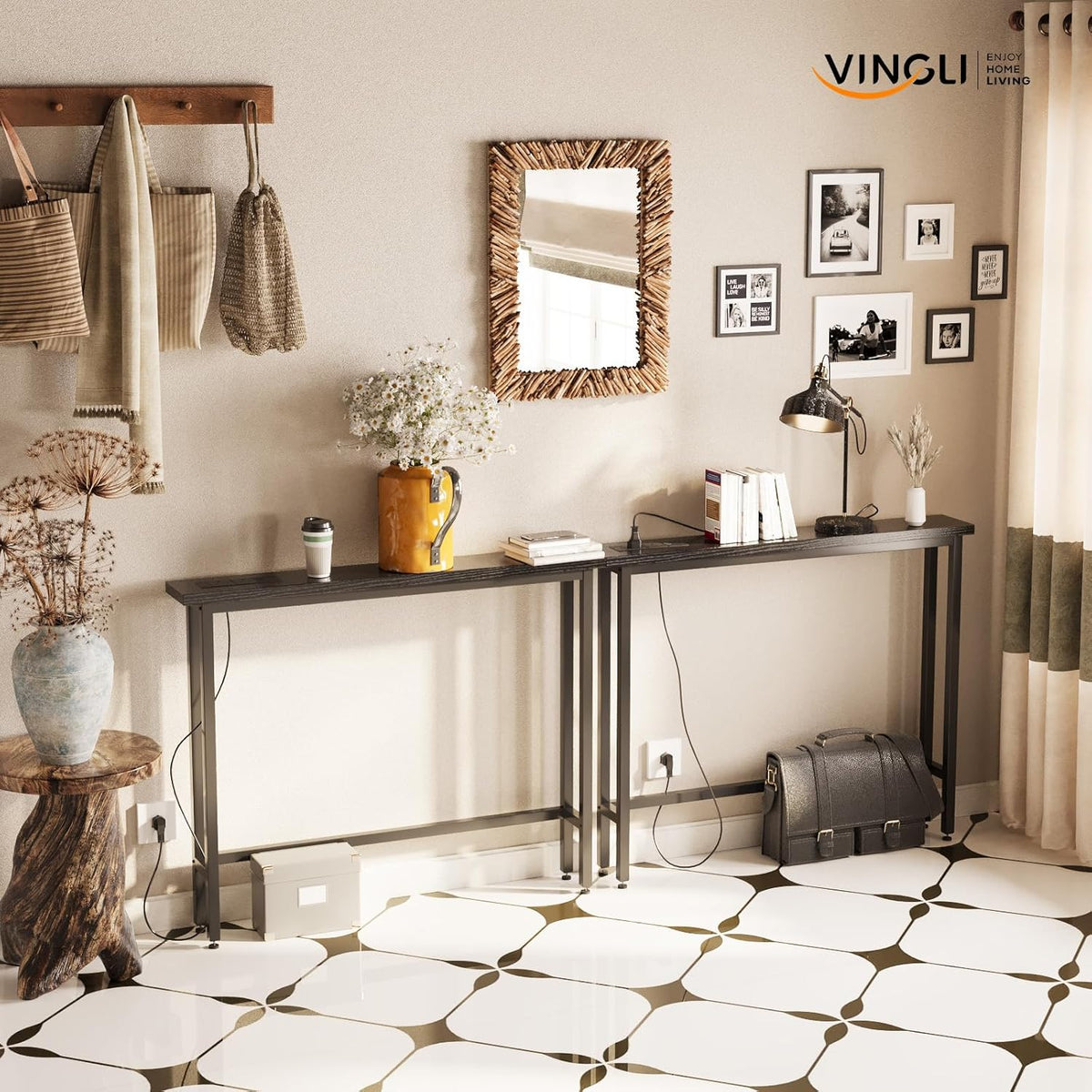 VINGLI 79" Console Table with Power Outlet, Narrow Sofa Table 2 Pack, Black
