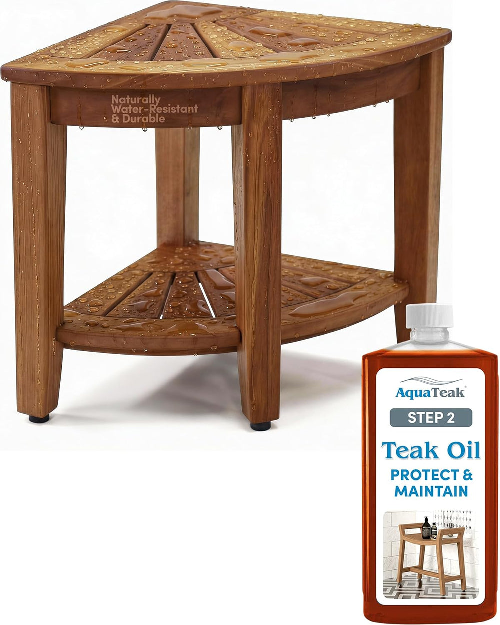 AquaTeak Kai Corner 15.5" Teak Shower Bench & Premium Teak Oil