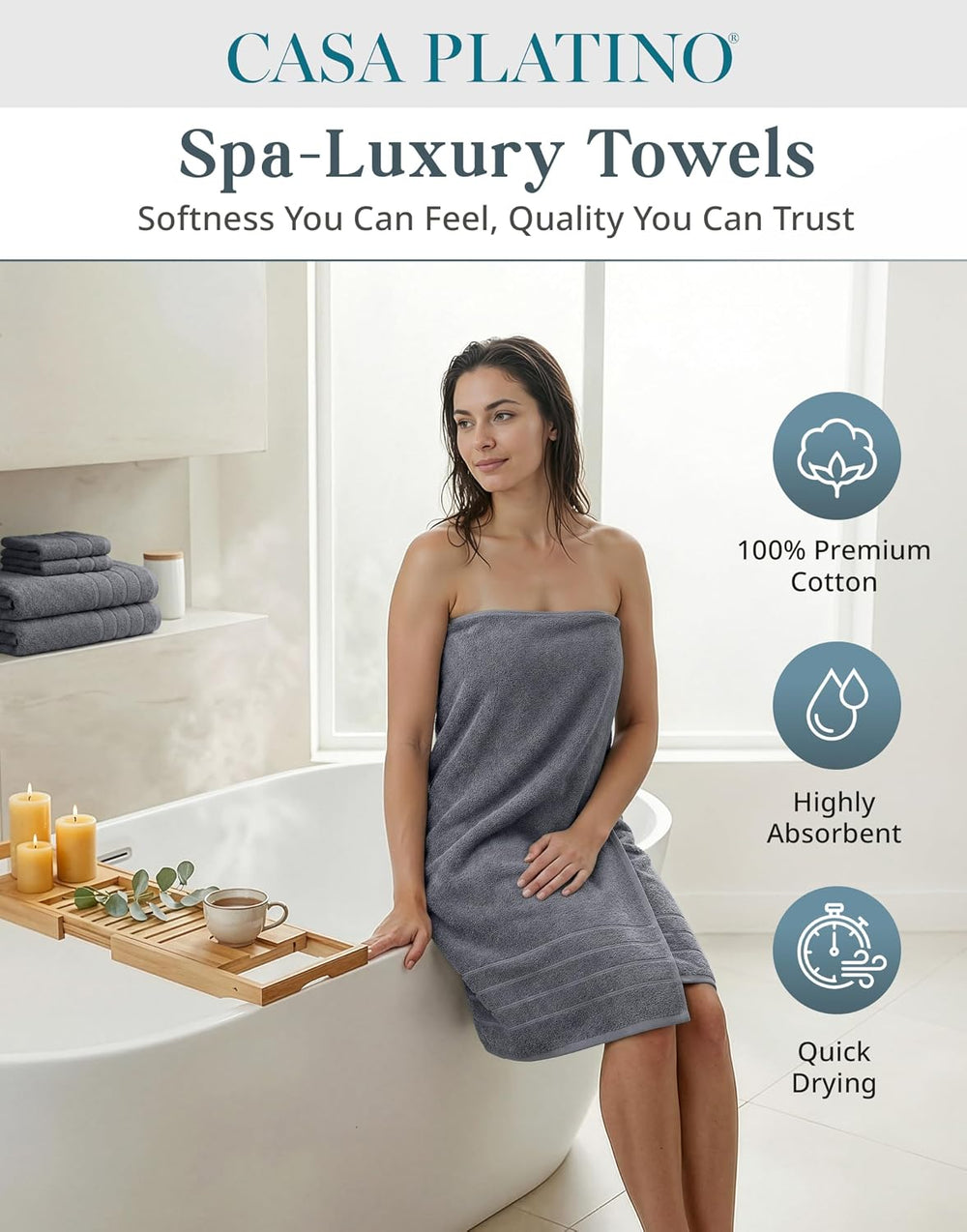 Casa Platino Bath Towel Set 100% Cotton 12 Piece Soft Absorbent - Cool Grey
