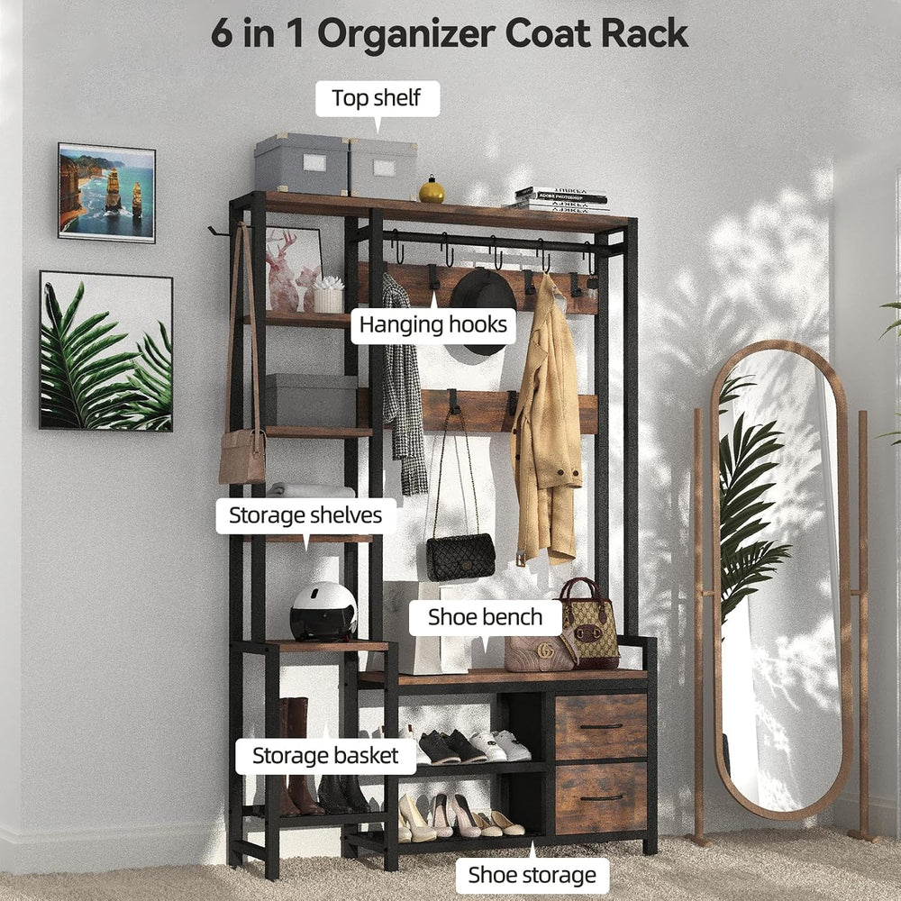 Hall Tree for Entryway 43", Bench with Shoe Storage, Large Coat Rack Sho...