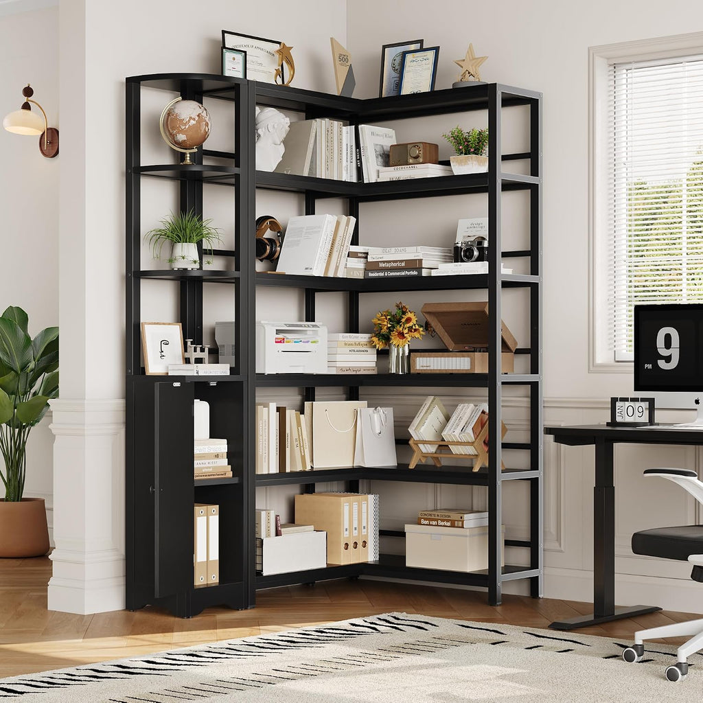 72" tall corner bookshelf, 6-tier l-shaped bookcase with on a desk or shelf
