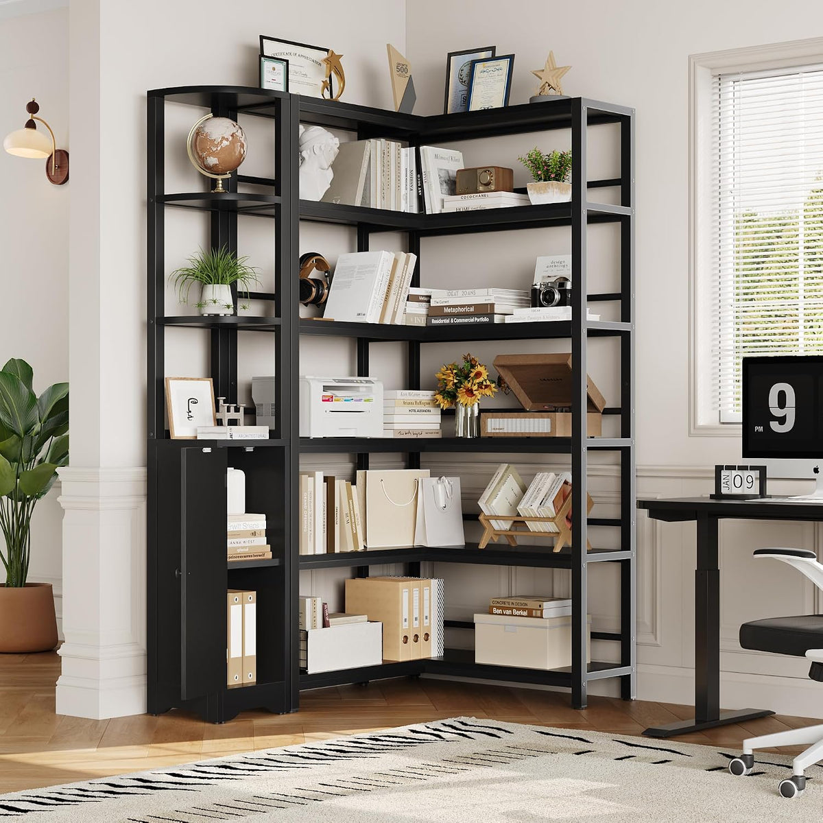 72" tall corner bookshelf, 6-tier l-shaped bookcase with on a desk or shelf