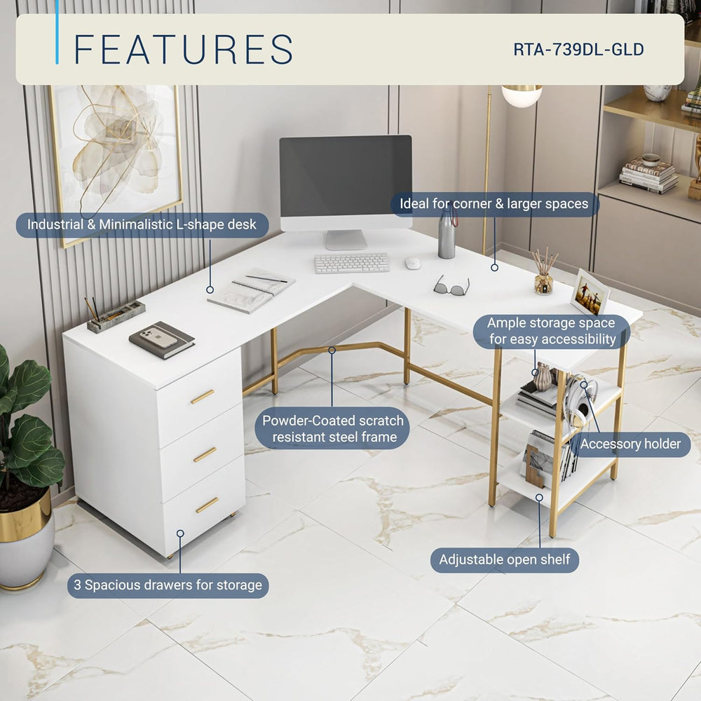 Techni Mobili 59" Two-Tone L‑Shaped Office Desk with Storage Shelves, Gold