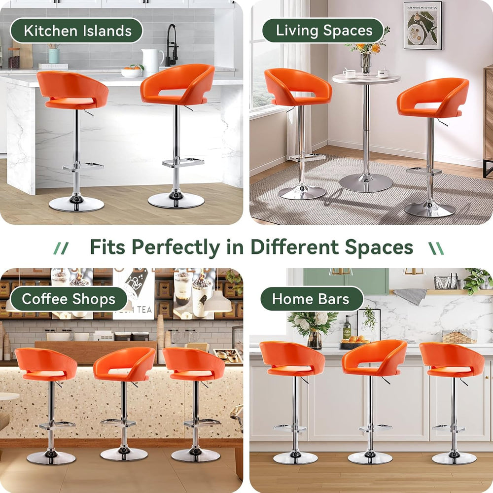 Adjustable PU Leather Swivel Bar Stool with Arms, Orange