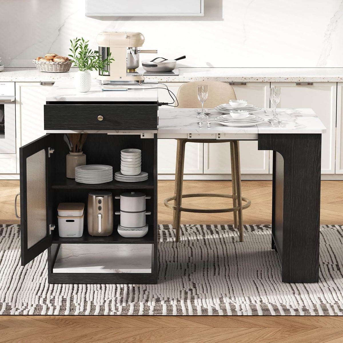 Virubi 59.5" Kitchen Island with Extendable Dining Table, Kitchen Storage Table with Double-Sided Storage & 2 Drawers, Power Outlet, Side Open Shelves, for Dining Room (Black3)