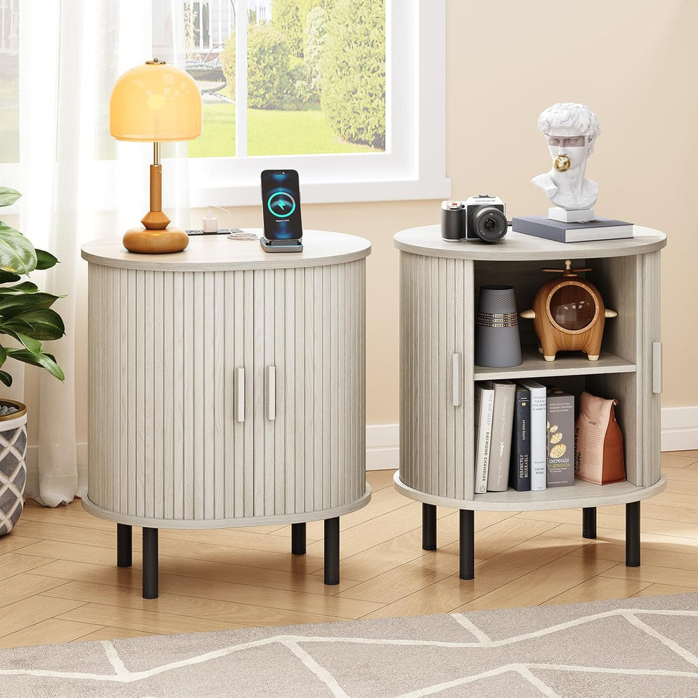 ONBRILL End Table with Charging Station/Sliding Door, Natural White(2-Pack)