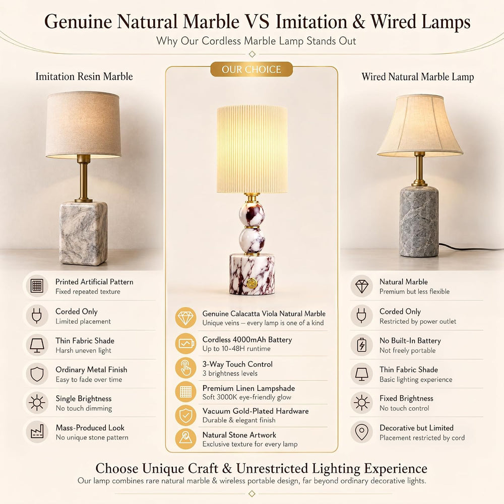 AOPO Marble Table Lamp Calacatta Natural Cordless lamp, Home Decor, 14.4"