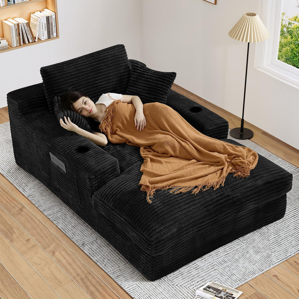75.9"D Oversized Chaise Lounge Chair Indoor with Cup Holders,Black
