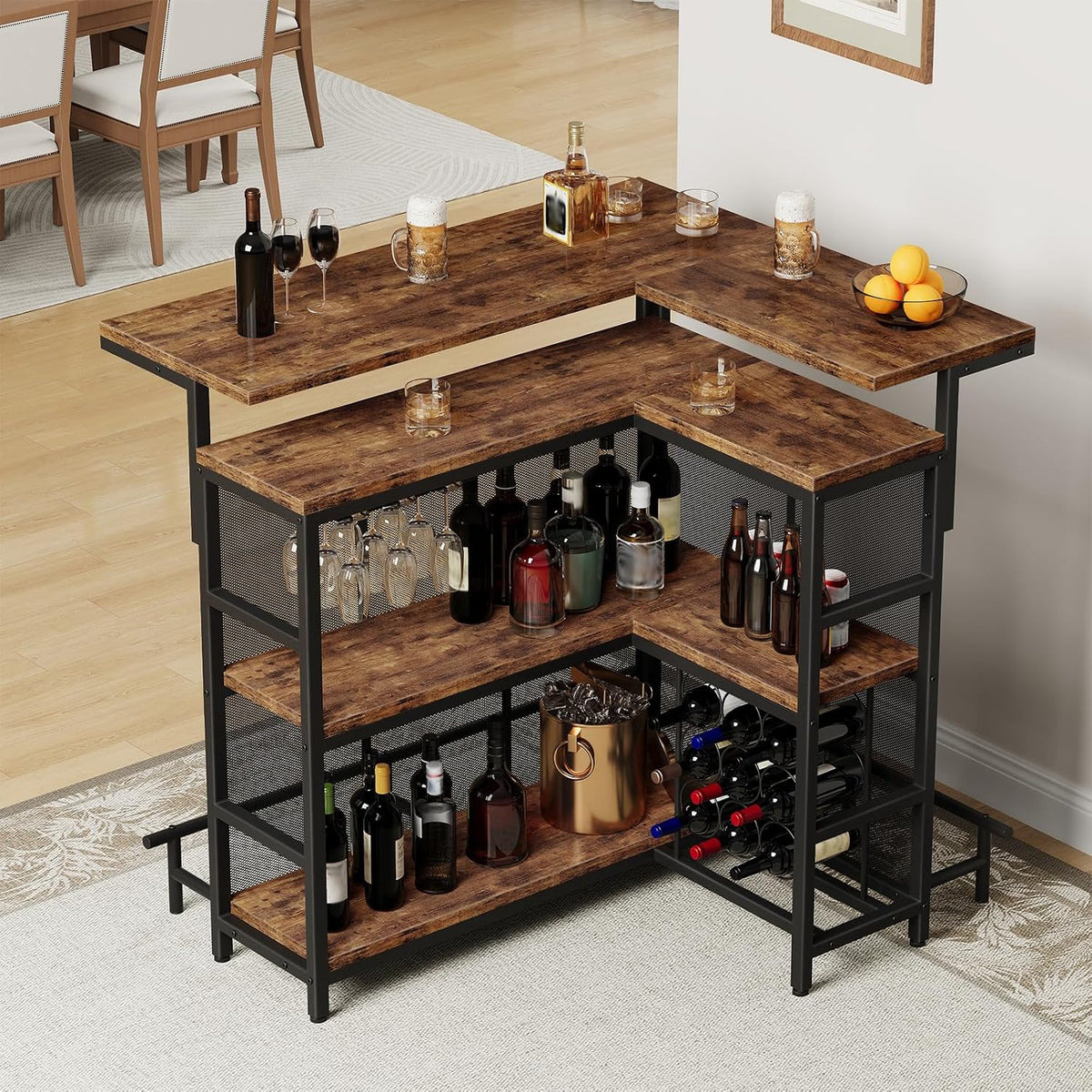 HOOBRO Home Bar Unit, L-Shaped Bar Table with Glasses Holder & 4-Tier Shelves, Corner Mini Liquor Cabinet with Footrest & LED Light APP Control for Home, Pub, Rustic Brown and Black BF129DBT01