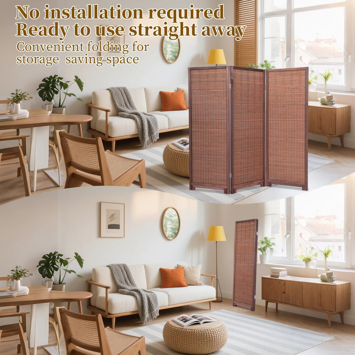 Bamboo Room Divider 3 Panel 47" H, 360°Rotating Feet Privacy Screen,Brown