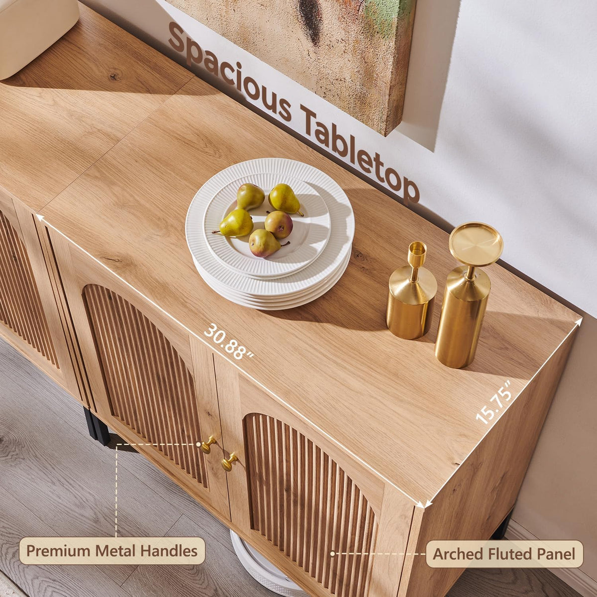 IFGET 34" Tall Modern Arched Sideboard Buffet Cabinet with Storage, Natural