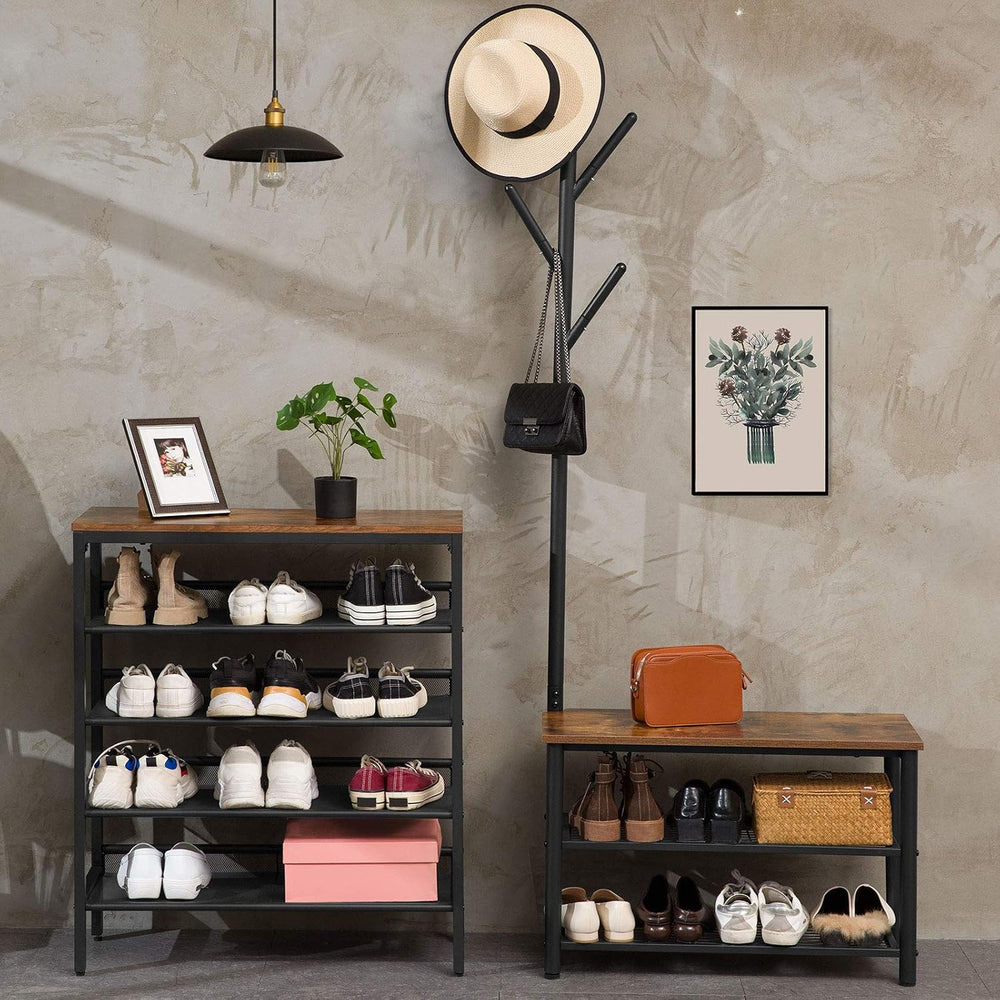 HOOBRO Coat Rack Shoe Bench, 3-Tier Shoe Rack, Industrial Storage Bench